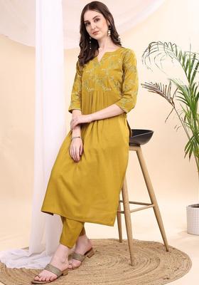Mustard Embroidered Viscose Kurta Set