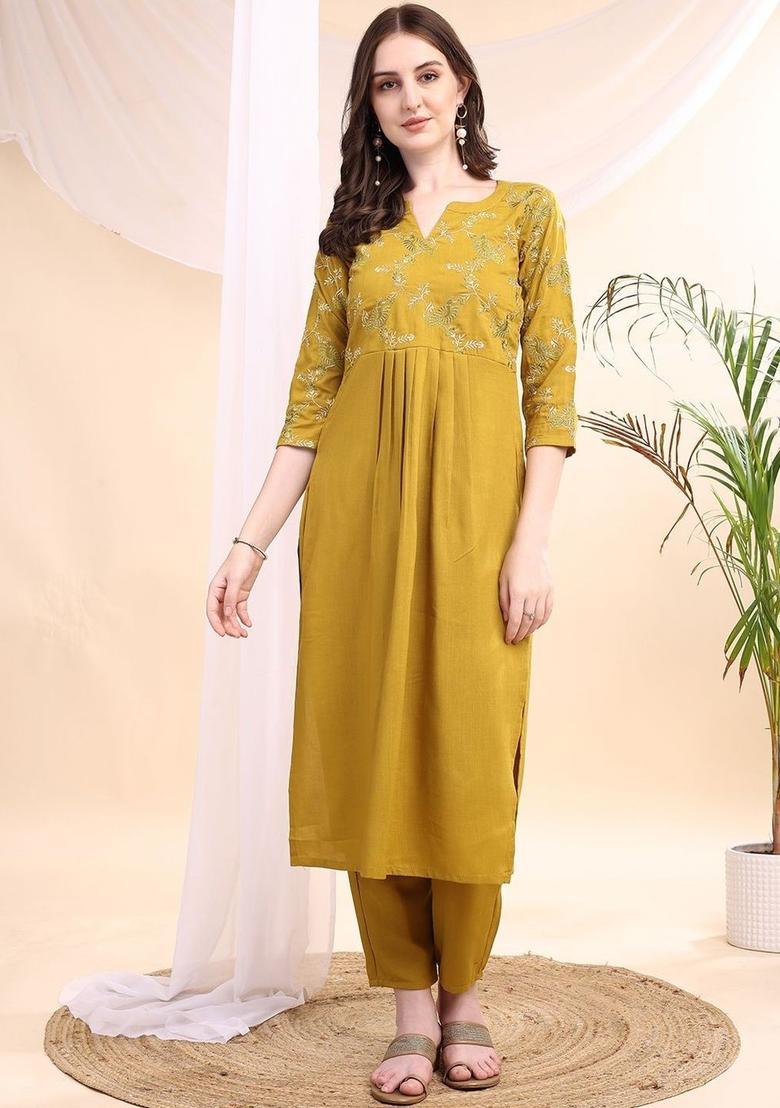 Mustard Embroidered Viscose Kurta Set - Indya