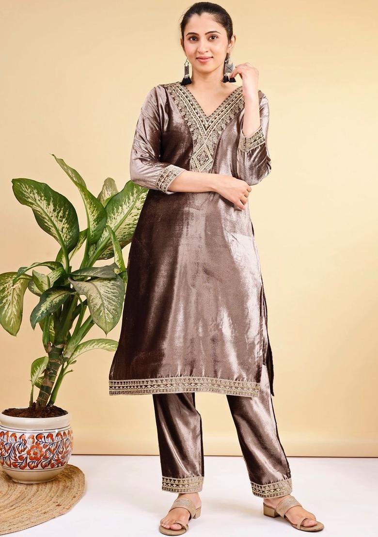 Brown Embroidered Velvet Kurta Set - Indya