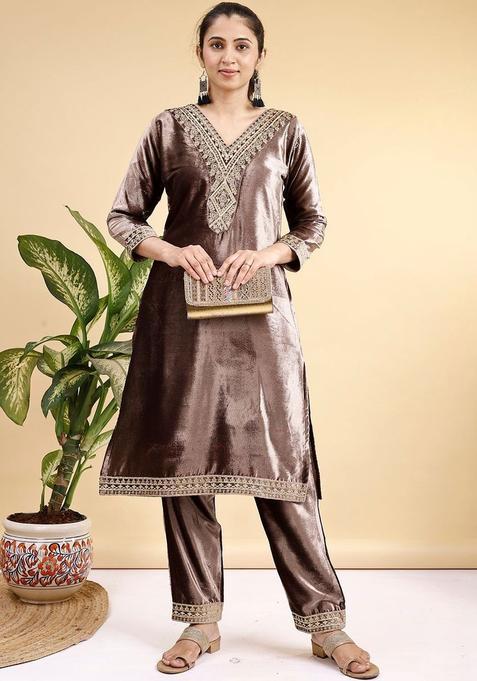 Brown Embroidered Velvet Kurta Set