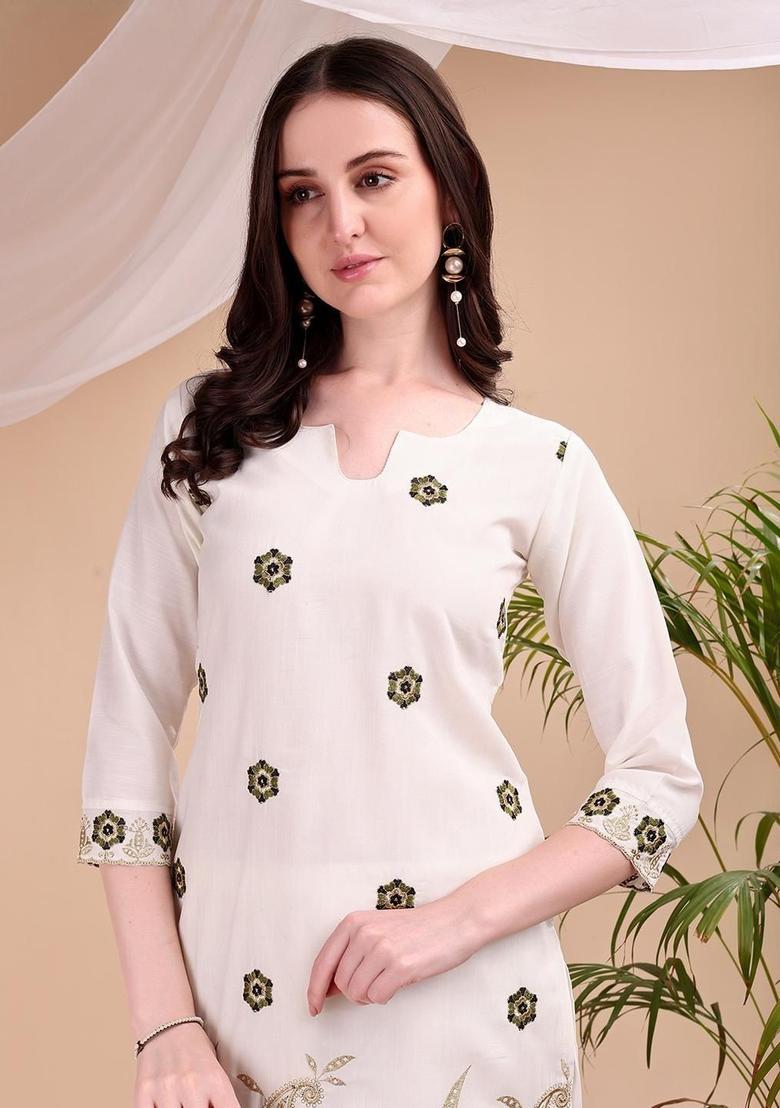 White Embroidered Viscose Kurta Set - Indya