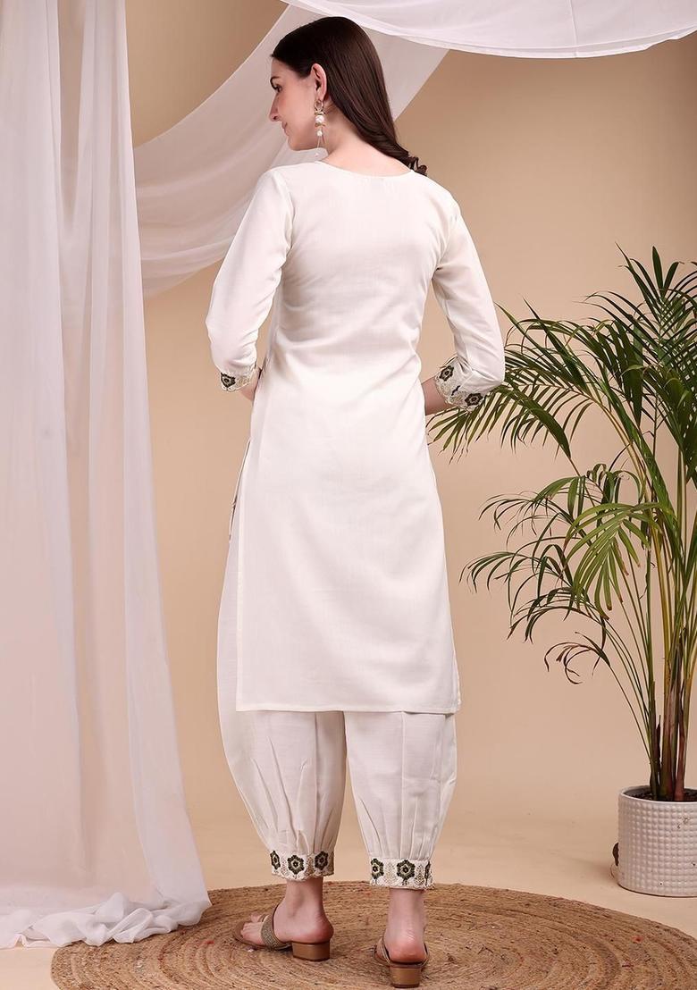White Embroidered Viscose Kurta Set - Indya