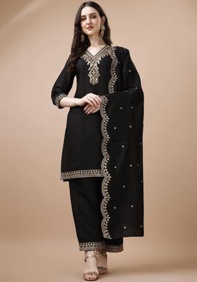 Black Embroidered Silk Kurta Set