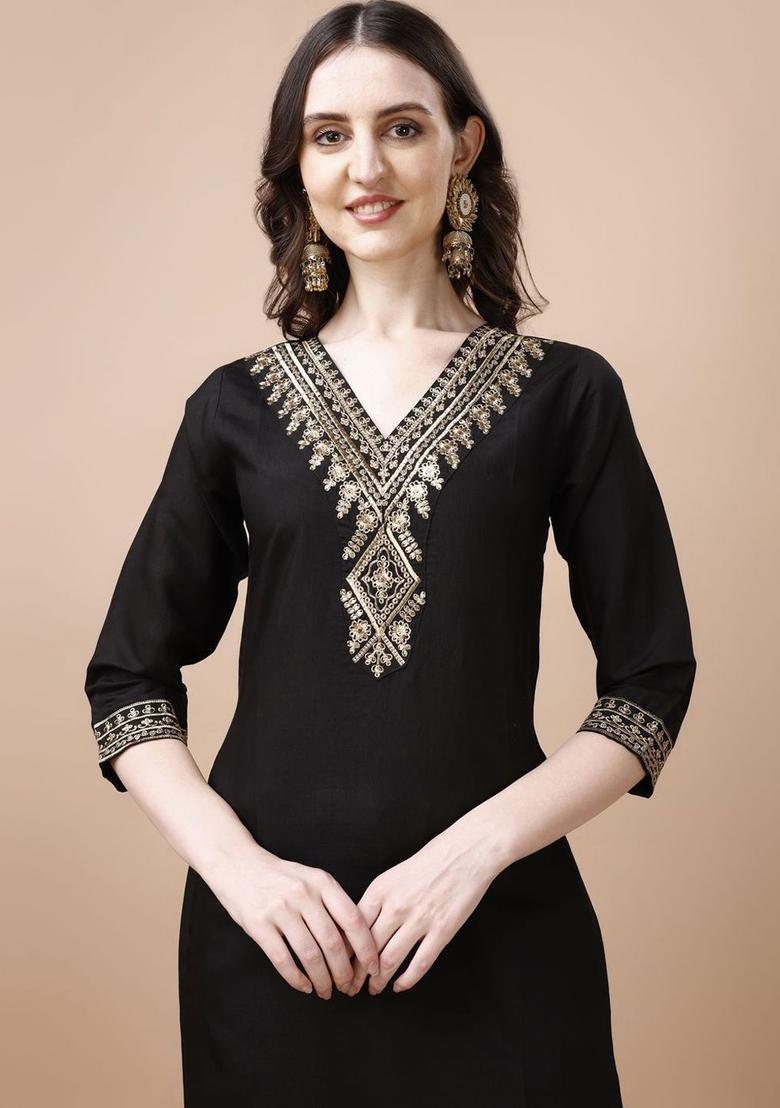 Black Embroidered Silk Kurta Set - Indya