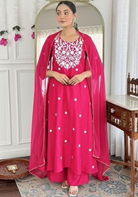 Fuchsia Embroidered Viscose Kurta Set