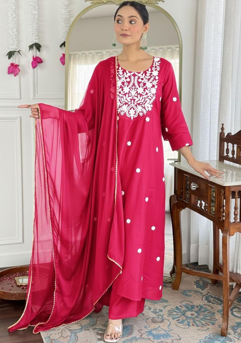 Fuchsia Embroidered Viscose Kurta Set - Indya