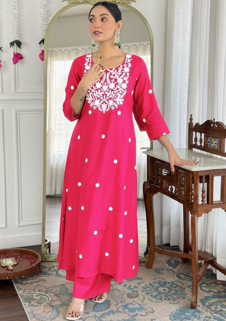 Fuchsia Embroidered Viscose Kurta Set - Indya