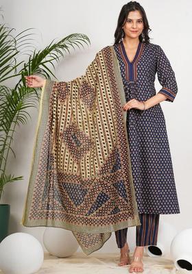Navy Blue Printed Cotton Kurta Set
