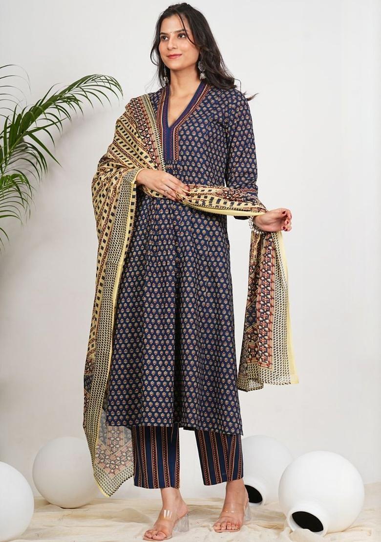 Navy Blue Printed Cotton Kurta Set - Indya