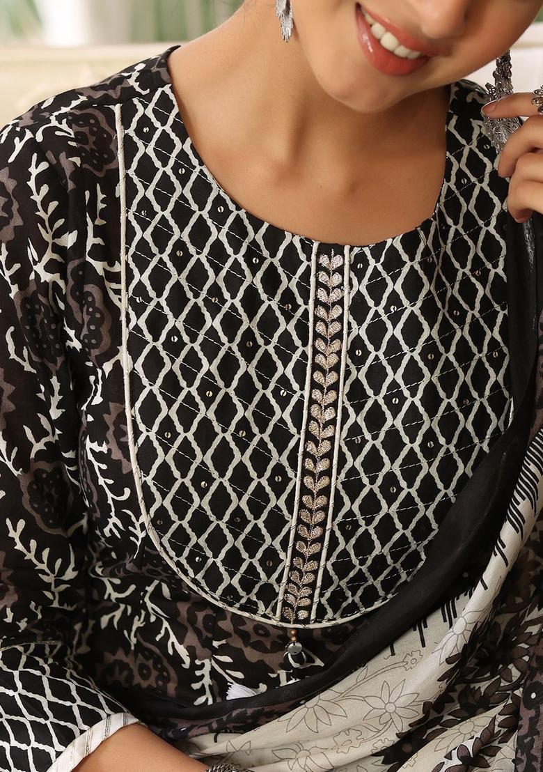 Black Printed Cotton Anarkali Set - Indya