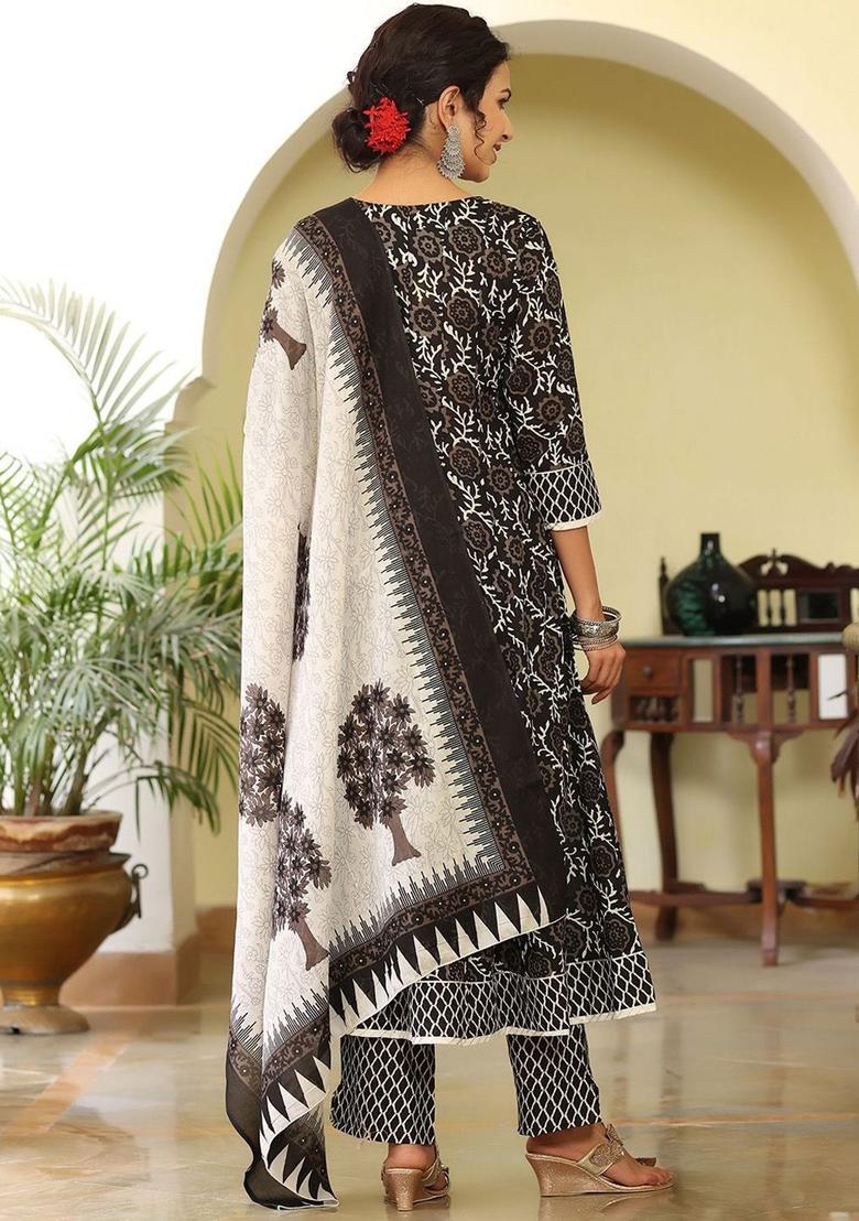 Black Printed Cotton Anarkali Set - Indya