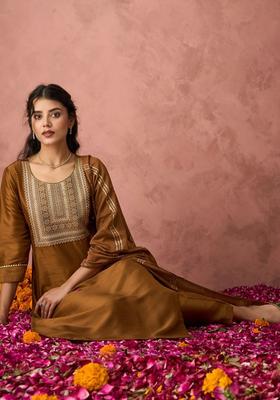 Brown Embroidered Silk Kurta Set