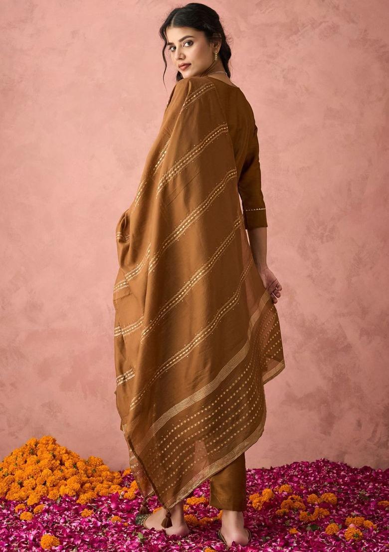Brown Embroidered Silk Kurta Set - Indya
