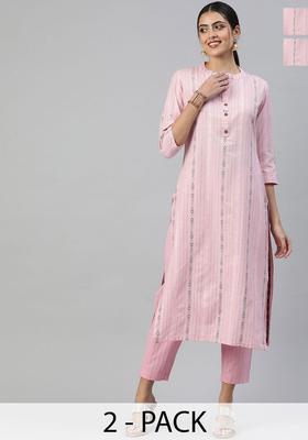 Pink Woven Design Cotton Kurta Set