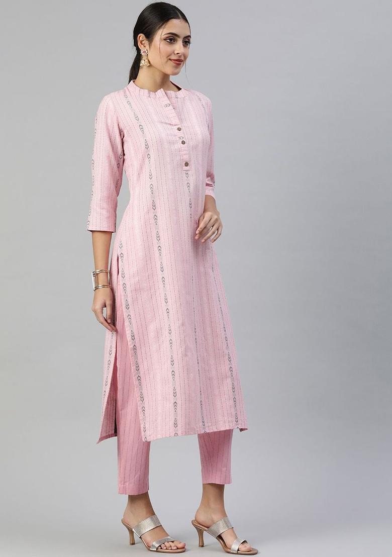 Pink Woven Design Cotton Kurta Set - Indya