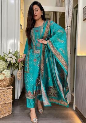 Turquoise Blue Printed Viscose Kurta Set