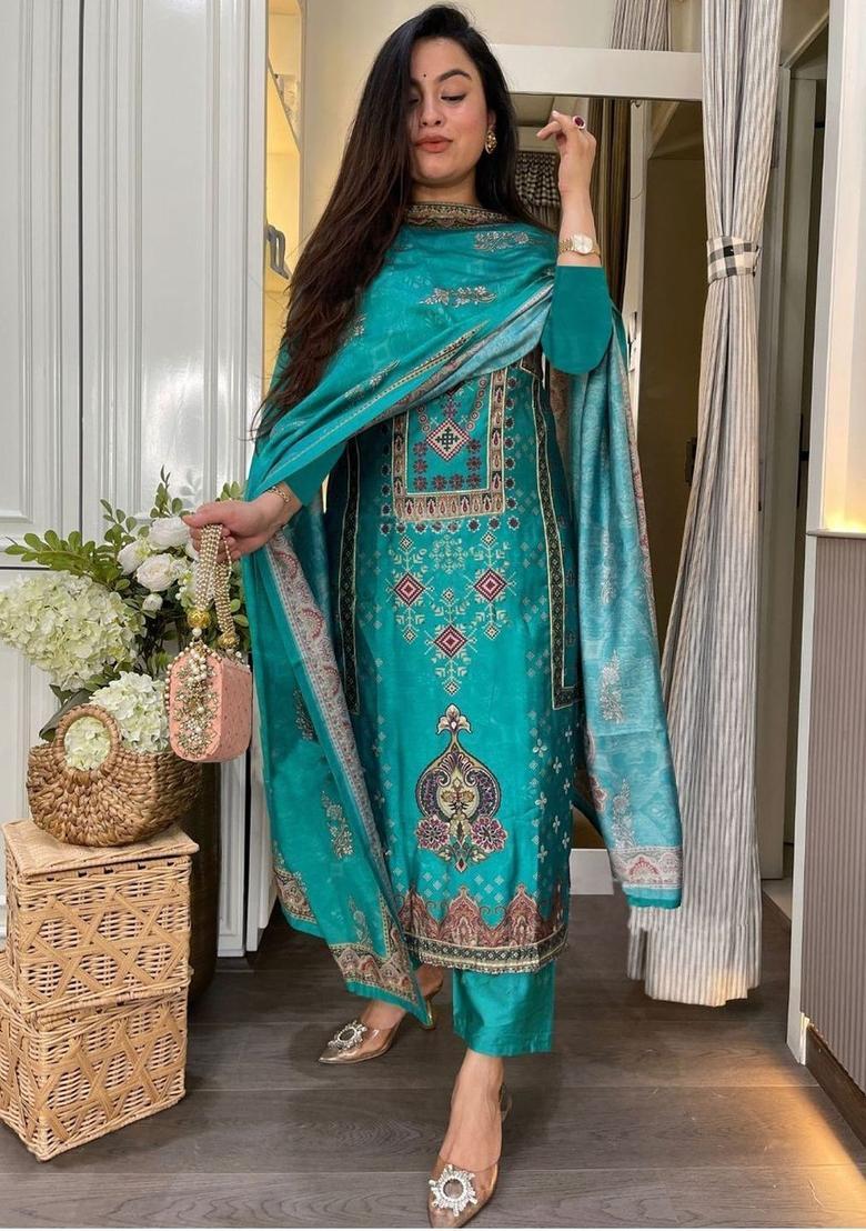 Turquoise Blue Printed Viscose Kurta Set - Indya