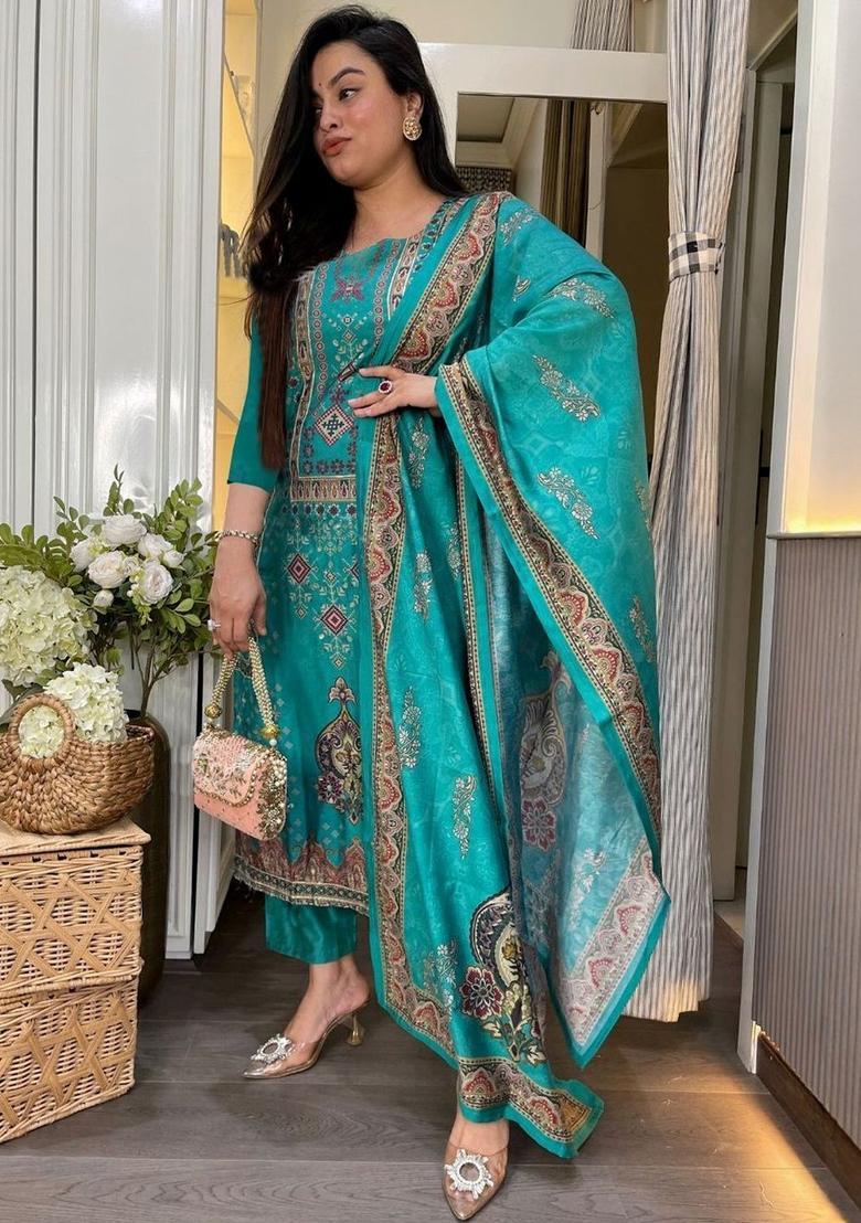 Turquoise Blue Printed Viscose Kurta Set - Indya