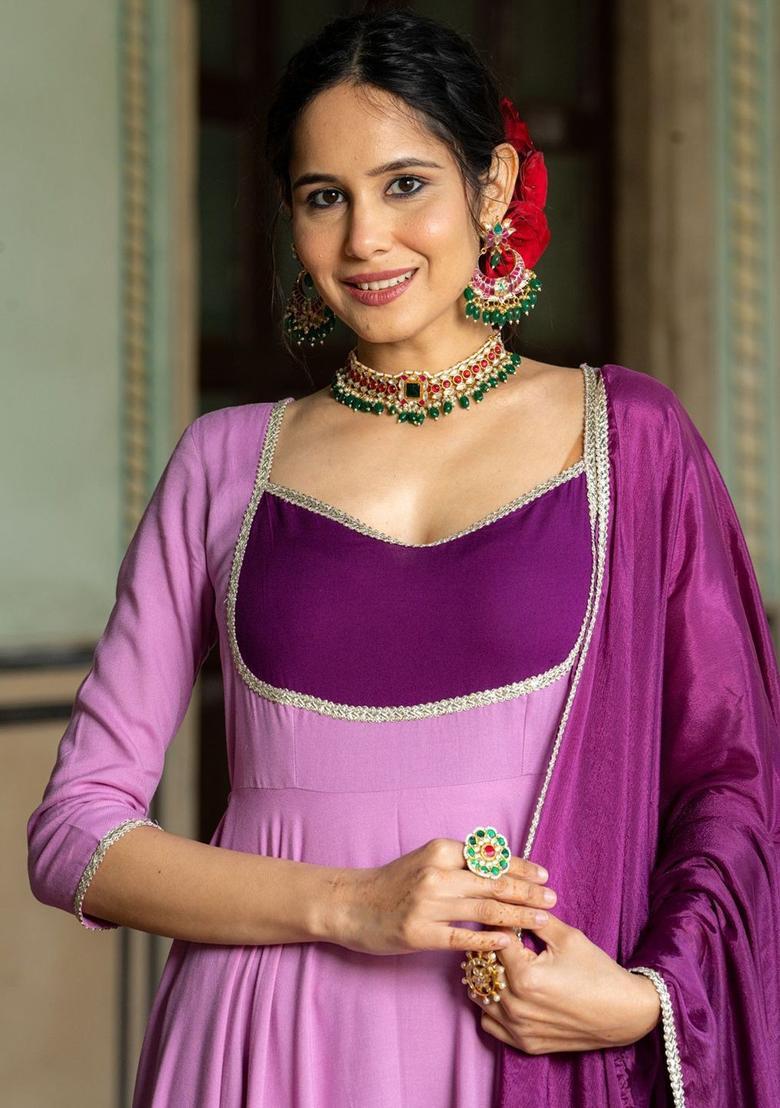 Purple Solid Viscose Anarkali Set - Indya