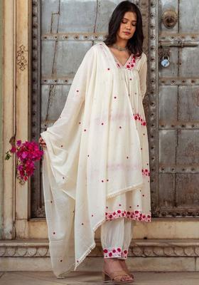 Cream Embroidered Viscose Anarkali Set