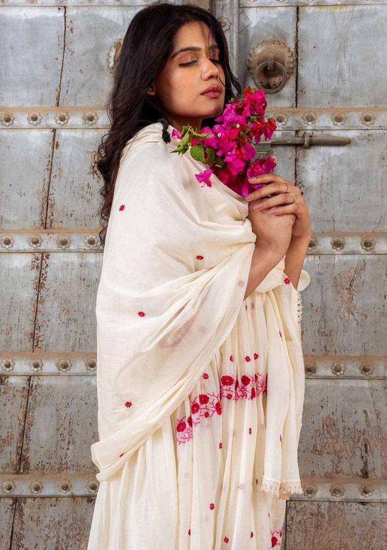 Cream Embroidered Viscose Anarkali Set - Indya