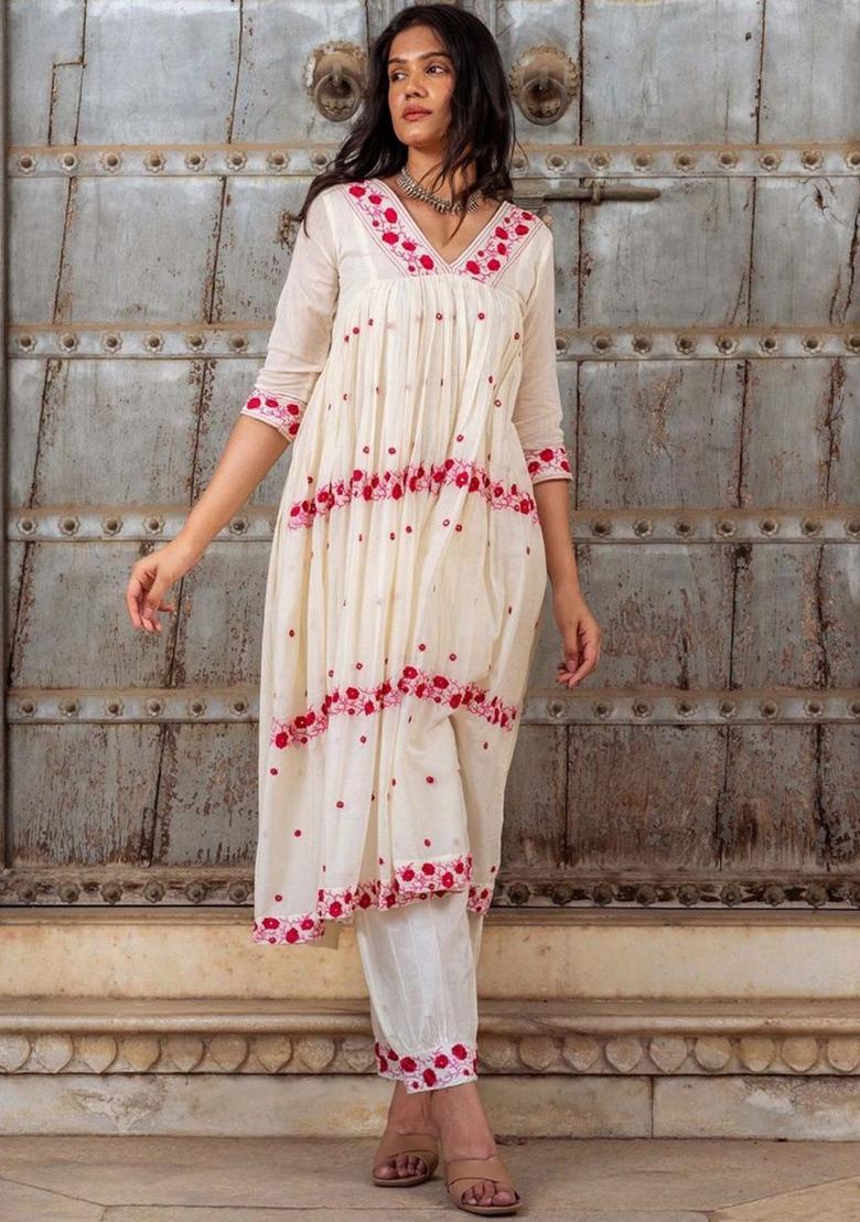 Cream Embroidered Viscose Anarkali Set - Indya