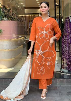 Orange Embroidered Silk Kurta Set