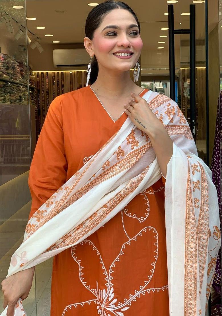 Orange Embroidered Silk Kurta Set - Indya