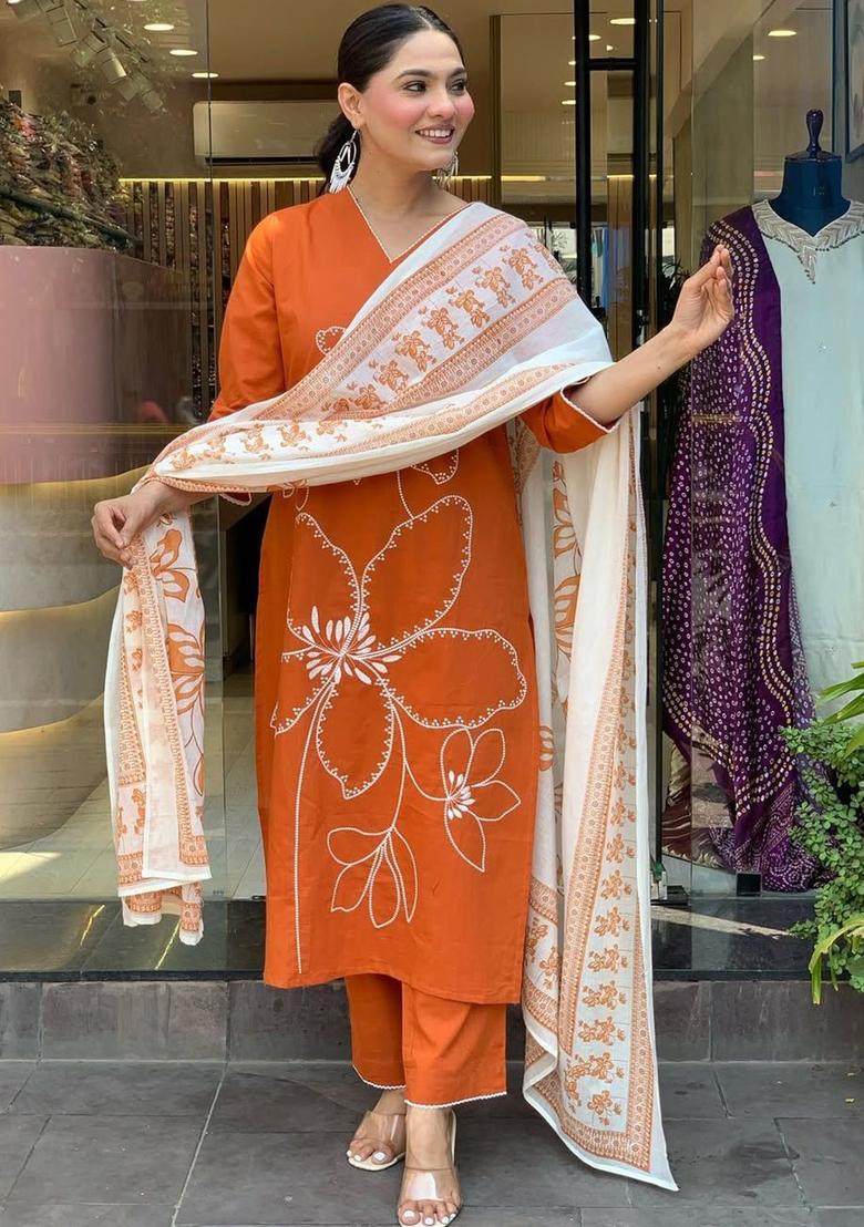 Orange Embroidered Silk Kurta Set - Indya