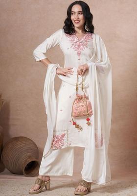 Off White Embroidered Viscose Kurta Set