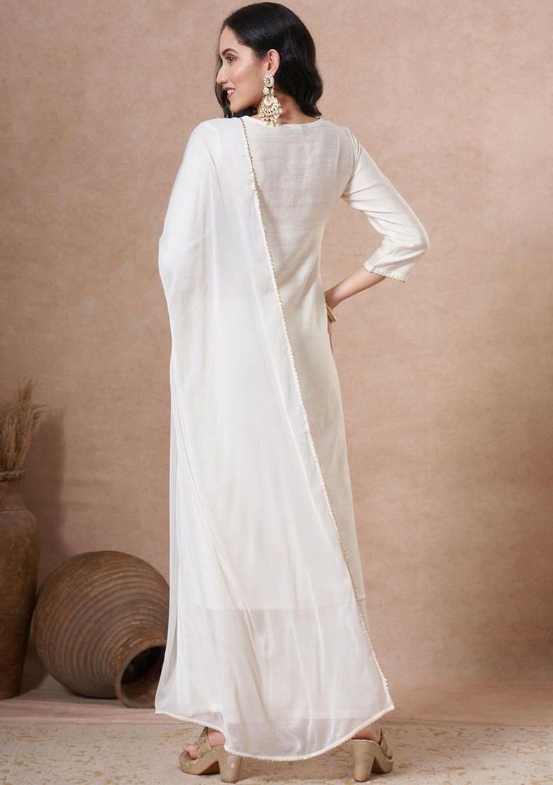 Off White Embroidered Viscose Kurta Set - Indya