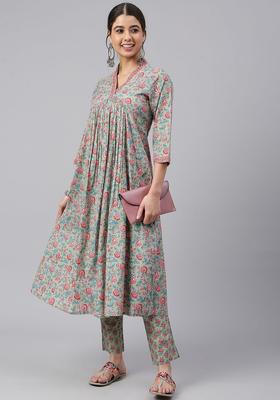 Sea Green Printed Cotton Kurta Set