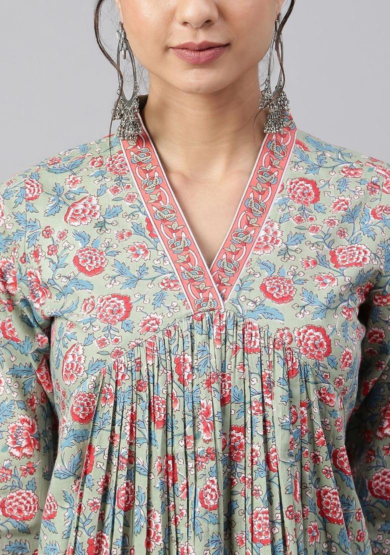 Sea Green Printed Cotton Kurta Set - Indya