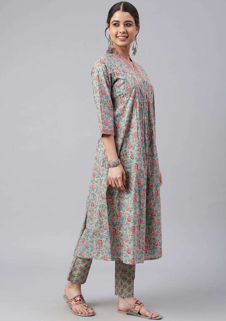 Sea Green Printed Cotton Kurta Set - Indya
