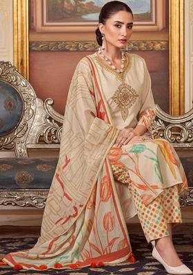Beige Embroidered Cotton Kurta Set