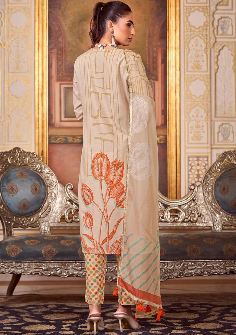 Beige Embroidered Cotton Kurta Set - Indya