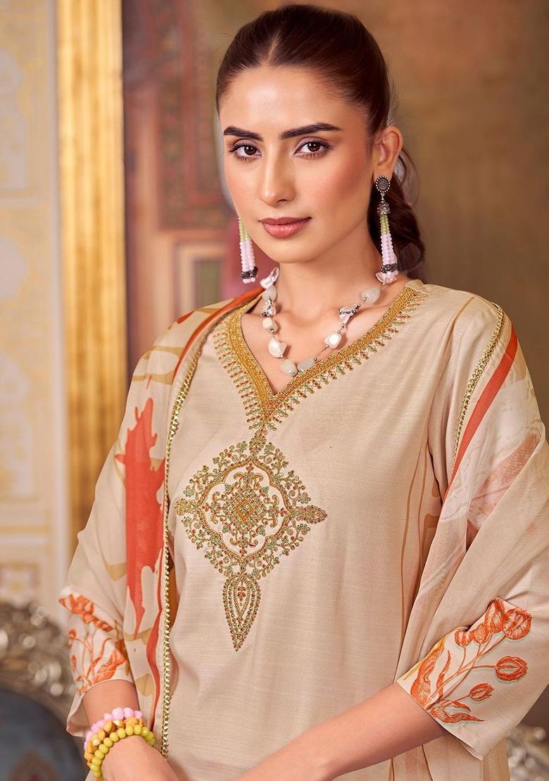 Beige Embroidered Cotton Kurta Set - Indya