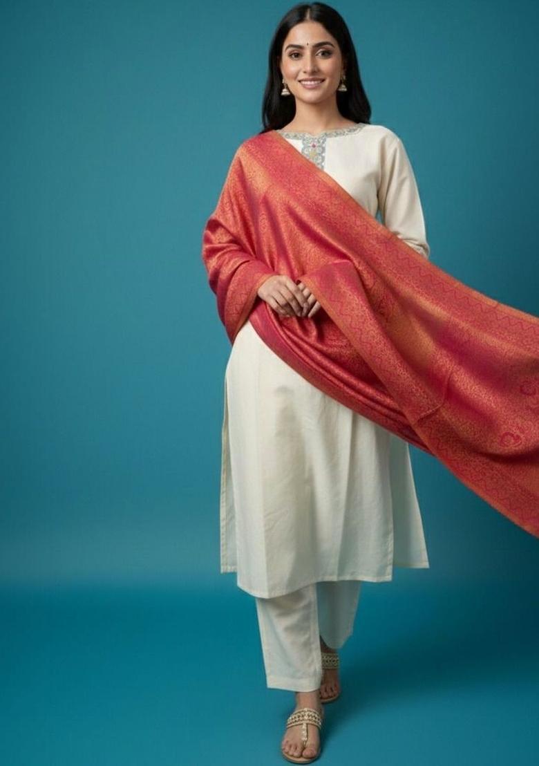 Off White Embroidered Viscose Kurta Set - Indya