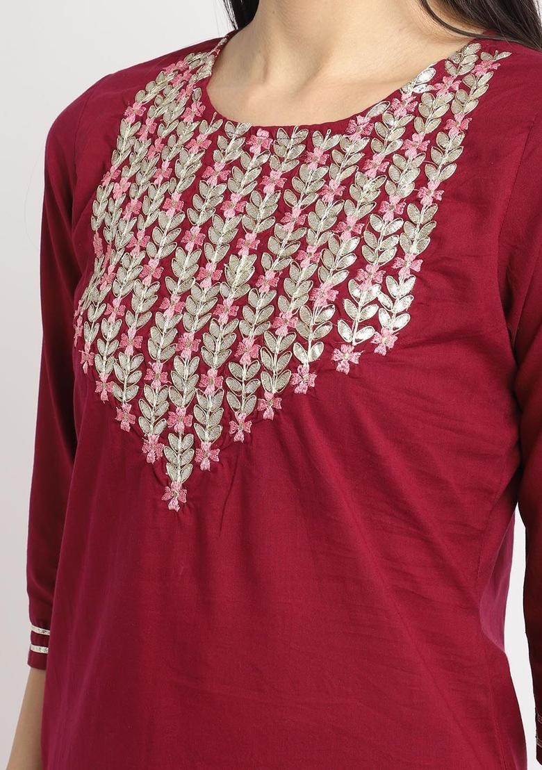 Magenta Yoke Design Cotton Kurta Set - Indya