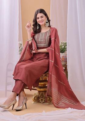 Rust Yoke Design Silk Blend Kurta Set