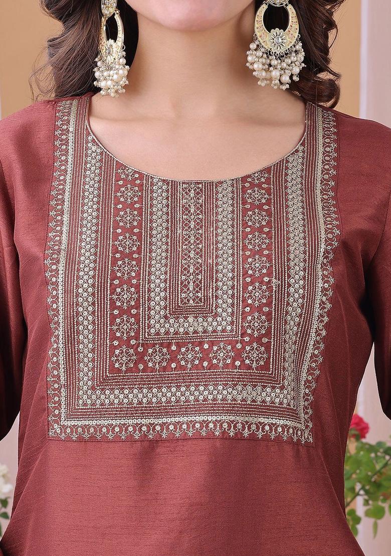 Rust Yoke Design Silk Kurta Set - Indya
