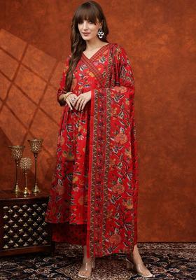 Red Printed Viscose Anarkali Set