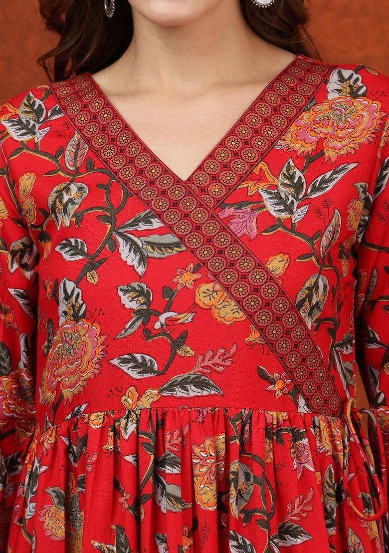 Red Printed Viscose Anarkali Set - Indya
