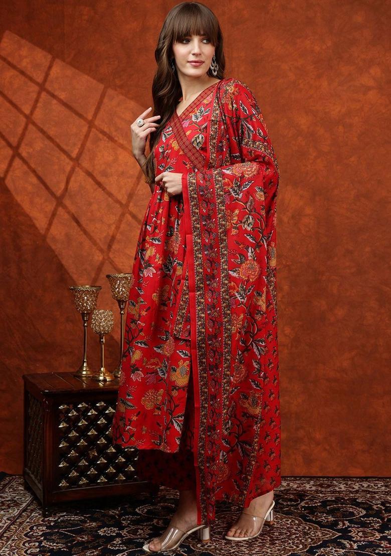 Red Printed Viscose Anarkali Set - Indya