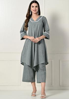 Grey Solid Cotton Kurta Set