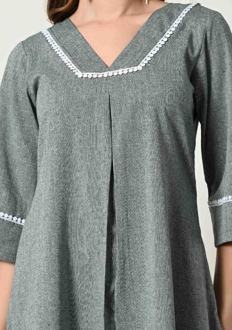 Grey Solid Cotton Kurta Set - Indya