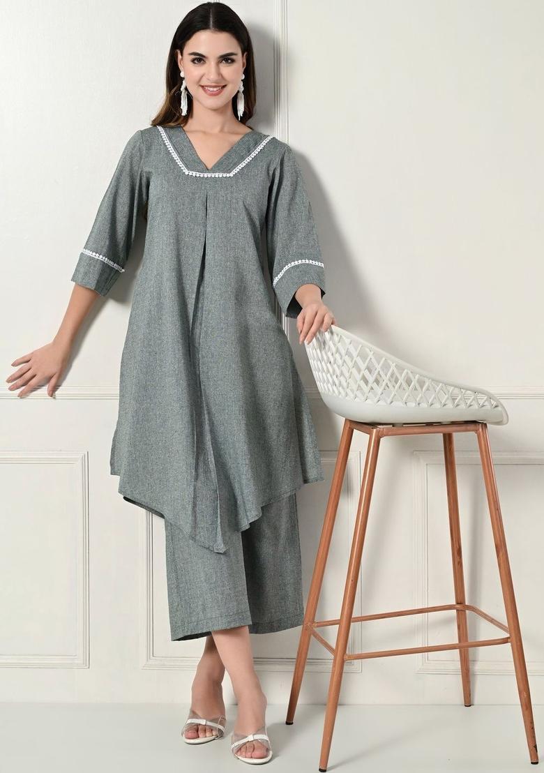 Grey Solid Cotton Kurta Set - Indya