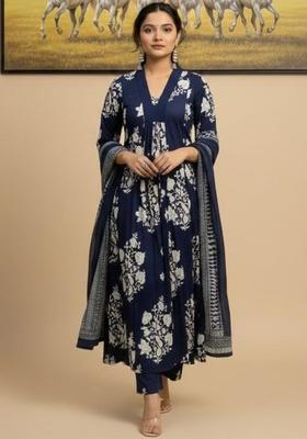 Navy Blue Printed Viscose Kurta Set