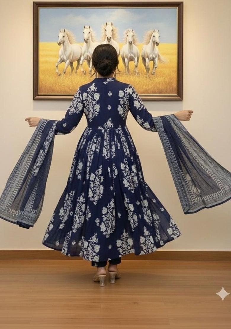 Navy Blue Printed Viscose Kurta Set - Indya