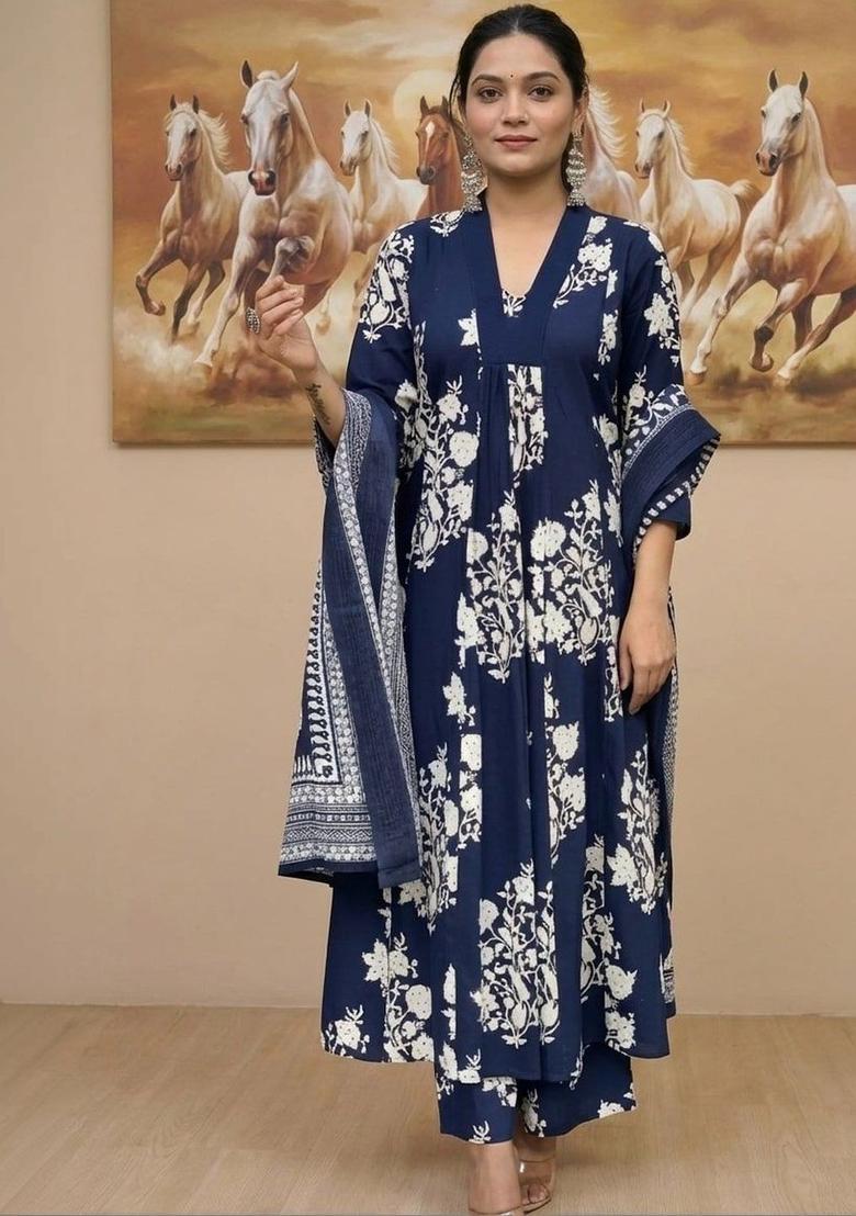 Navy Blue Printed Viscose Kurta Set - Indya